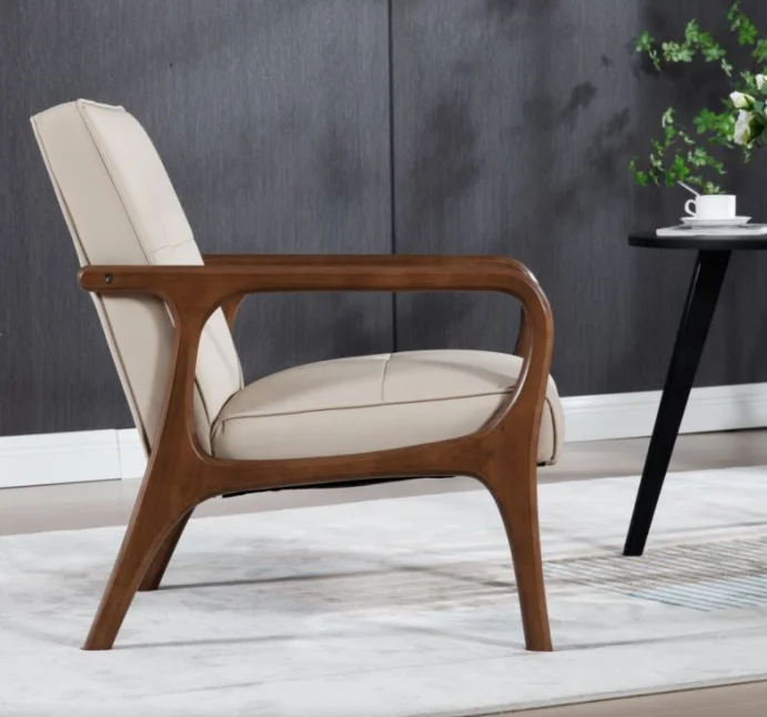 Fabricntury Japandi Accent Armchair, Metale Reading Armchair PU Leather Lounge Chair Arms Home Furniture with Walnut Wooden