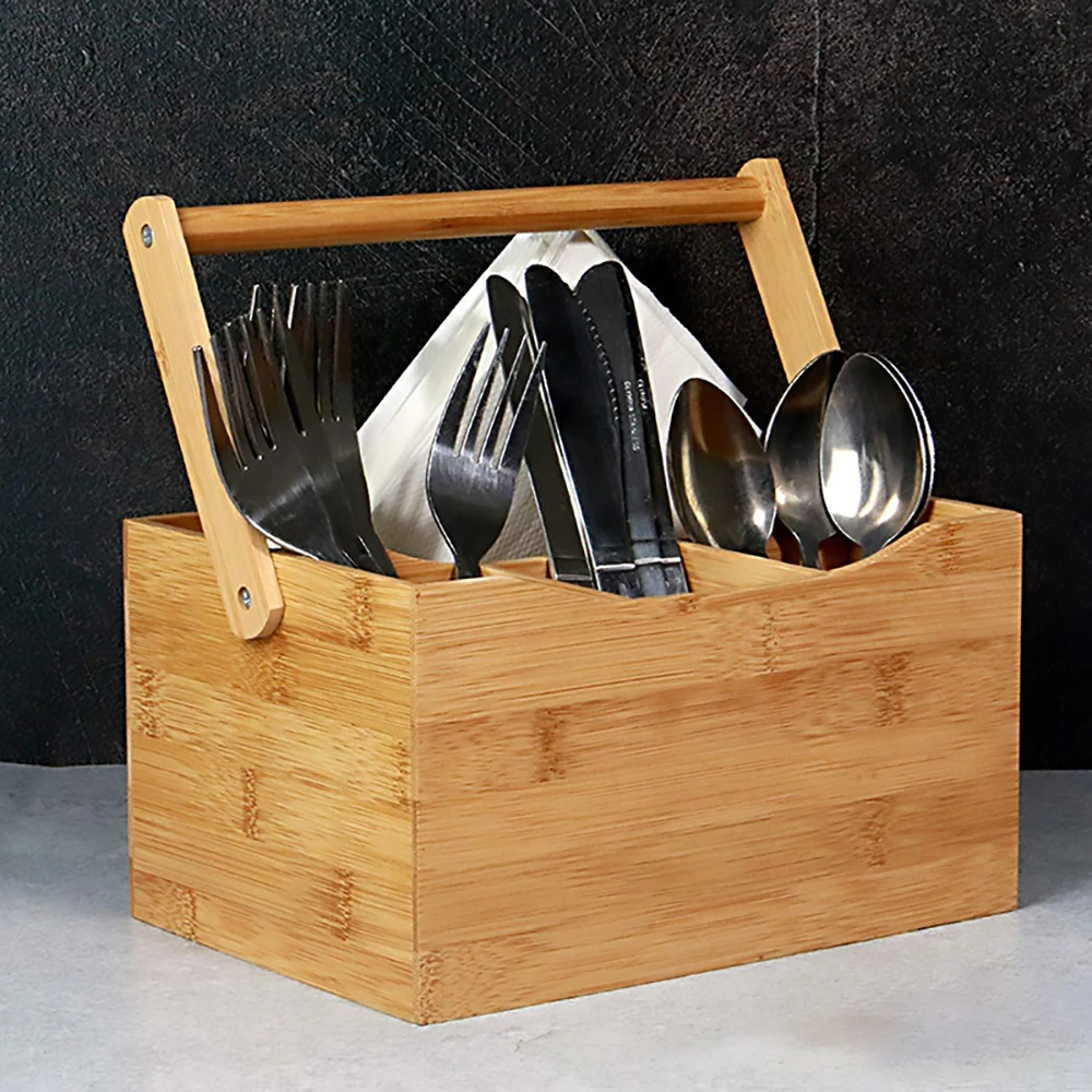 handle compartment four varnish color custom craft bamboo kitchen utensil bins wooden storage holders & racks