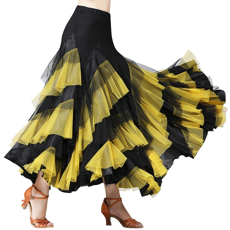 Wholesale Modern Ballroom Dance Big Swing Skirt For Women Elegant Satin Multi-Layer Color Matching Waltz Tango Latin Dancedress