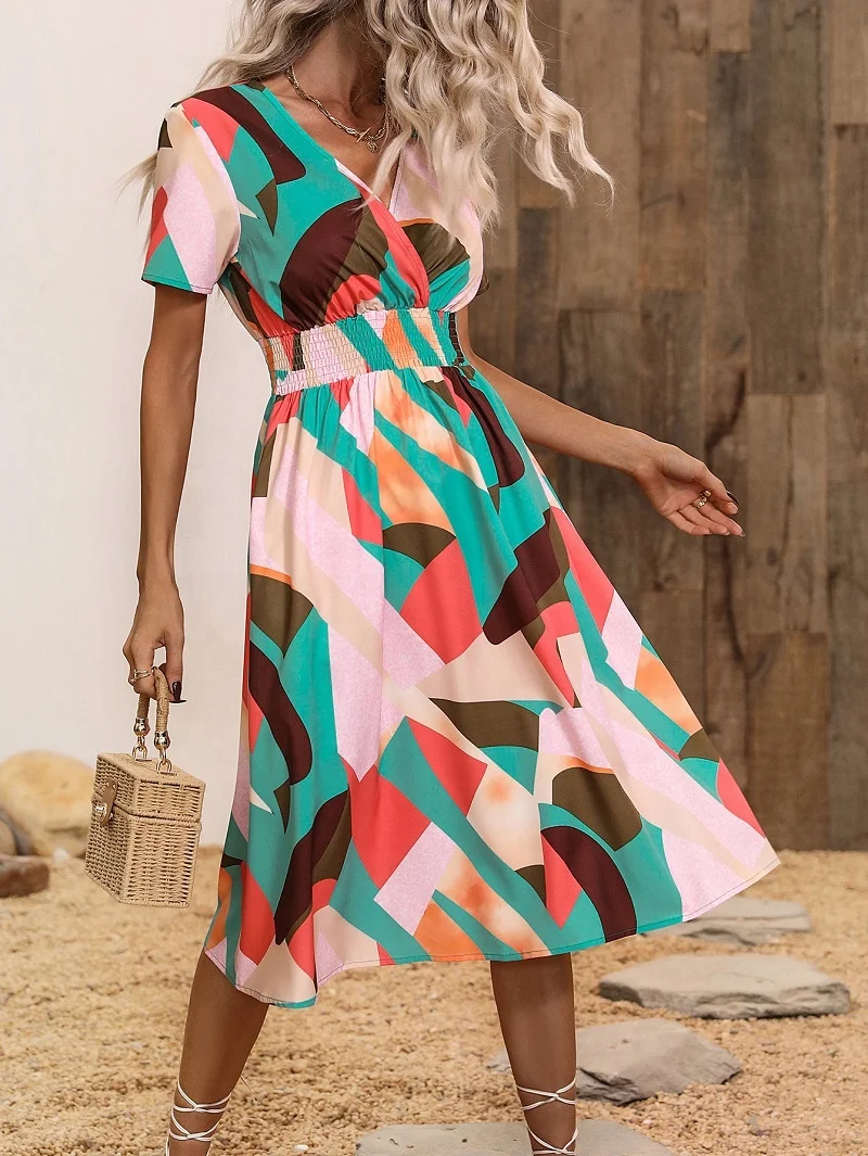 Summer Dresses for Women Beach Empire Waist Flowy Swing Midi Sun Dresses Short Sleeve V-Neck Leaves Print 2024 Casual Dress