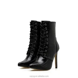 Trendy ladys Point Toe Stiletto High Heels black Shoes Mid Calf Boots Elastic Tie Up Ankle Lace Up short boots for women
