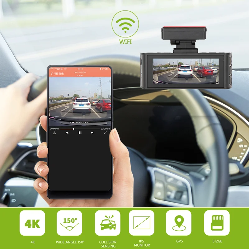 4K Dash Camera Built In Wifi GPS 150 Degree Wide Angle for