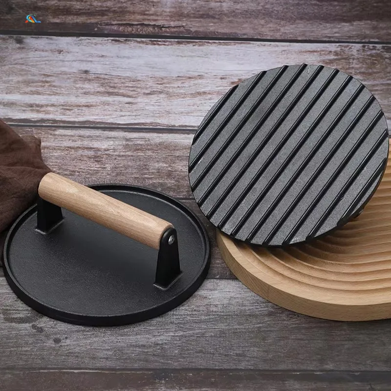 Custom Wood Handle Hamburger Patty Maker / Metal Meat Press Stuffed Steak Burger Press Bacon Presser BBQ Cast Iron Grill Press