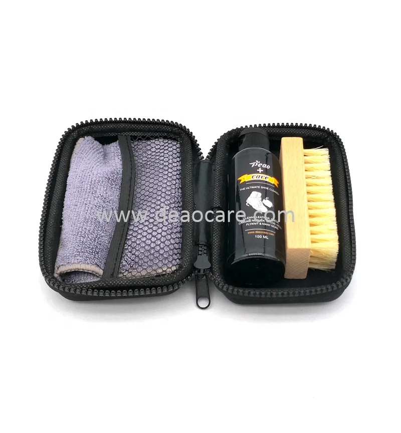 Deaocare New design Travel Pack Sneakers Boot Shoe Care Cleaner Case Kit Cleaning Liquid With Towel Hog Brush