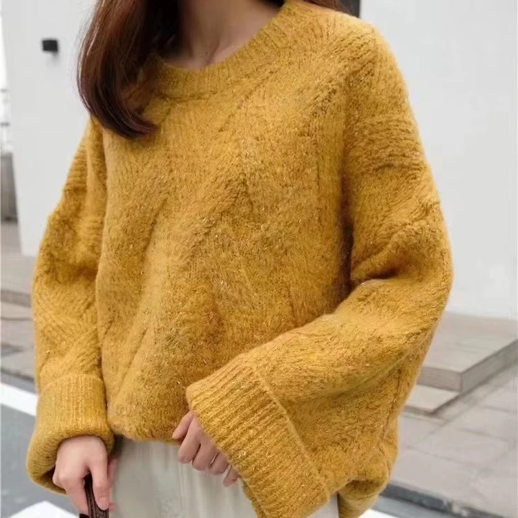 Women chunky cable  sweater custom solid color knit jumper wholesale long sleeve crew neck sweaters