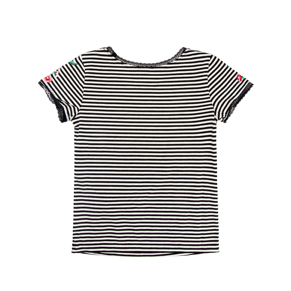
100% Cotton Baby Girls Ultra Soft Jersey Tshirt Embroidered Short Sleeve Stripe Printed Tees with Lace 