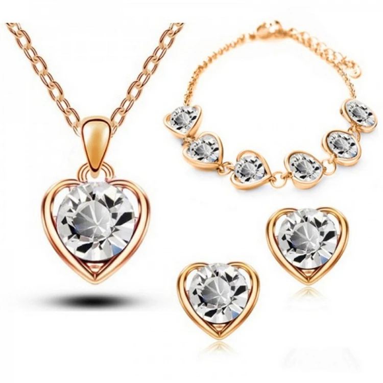 Simple heart necklace earrings bracelet three-piece element crystal fashion jewelry alloy diamond accessories