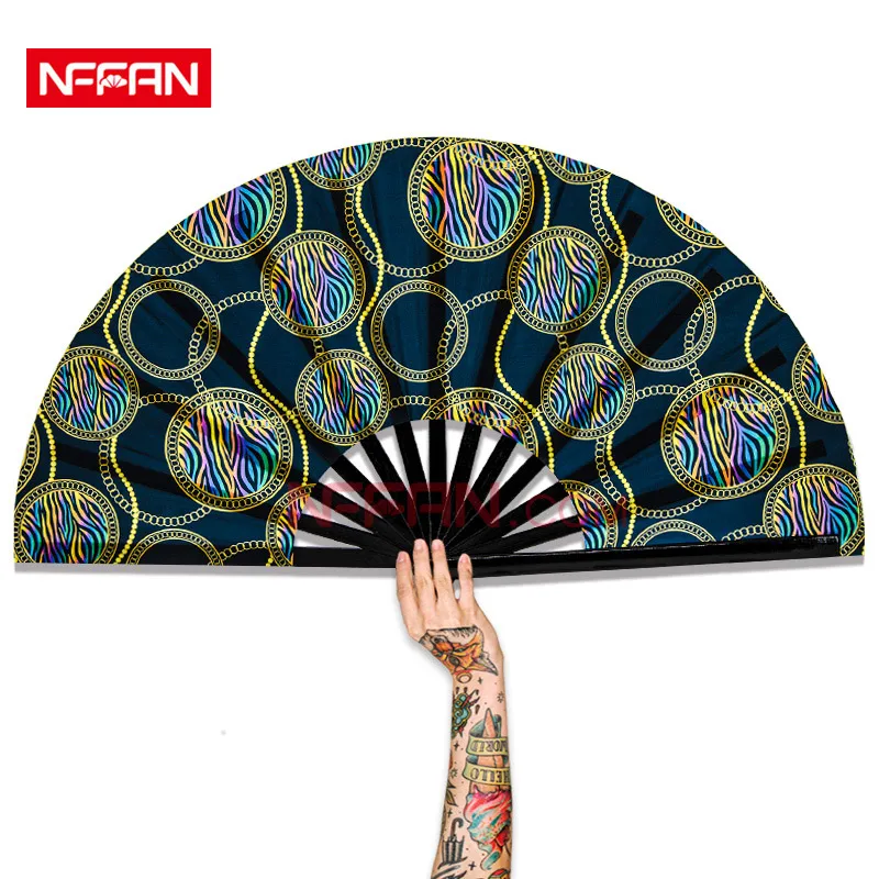 2022 New Design UV Glow Large Bamboo Rave Festivals Folding Clacking Fan Custom Printed