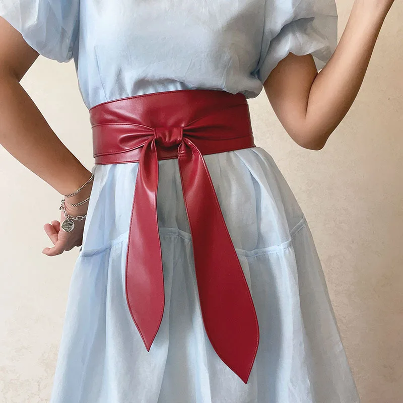 Women Corset Belts For Dress Soft Pu Leather Ties Bowknot Wide Waistband Ladies Coat Decoration Lace Up Belt