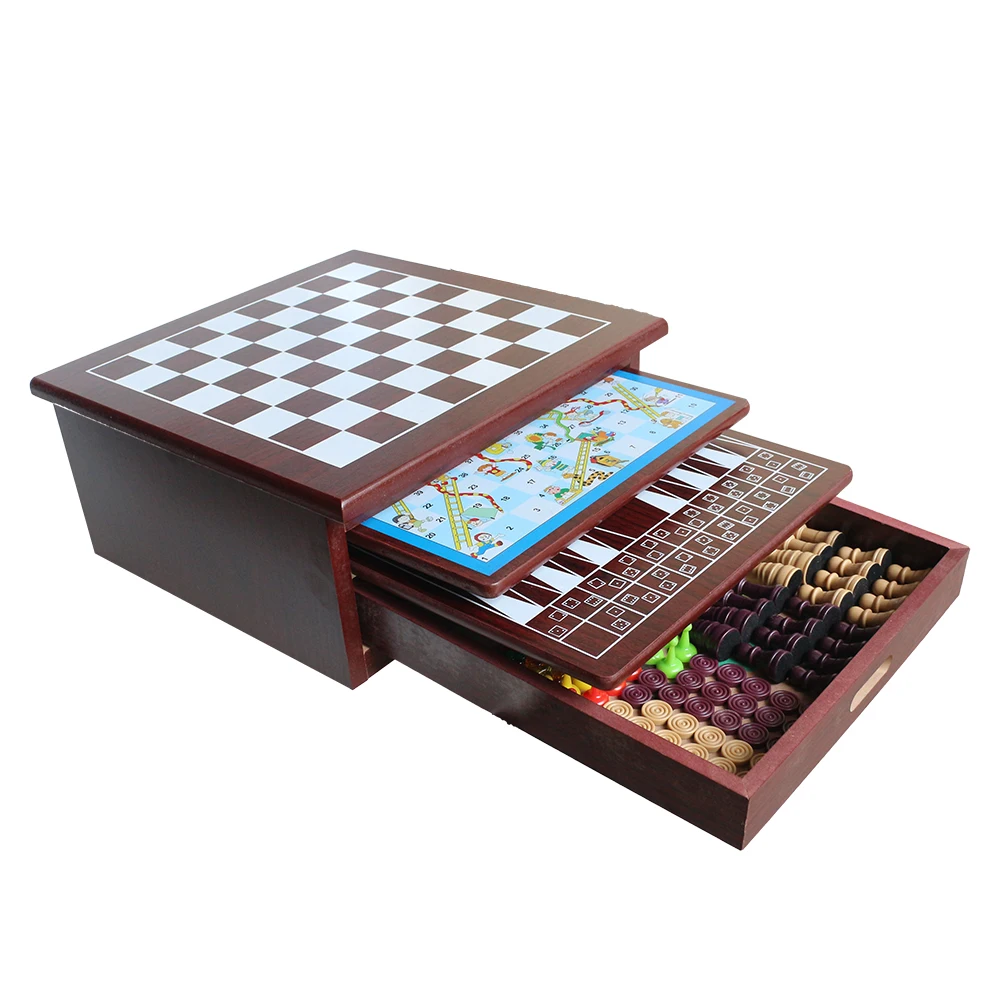 10-in-1 Tabletop Game Center Portable Wooden Combo Board Unique Set with Dice Dominos Playing Cards Game Pieces for Kids Adults