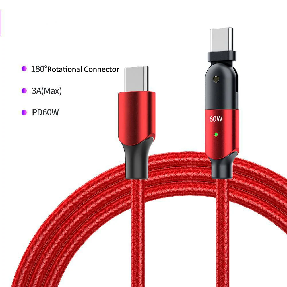 Nylon woven 180 degree Rotational Connector 5A charging Metal Case USB TYPE C data CABLE For iphone cable usb c to usb c cable
