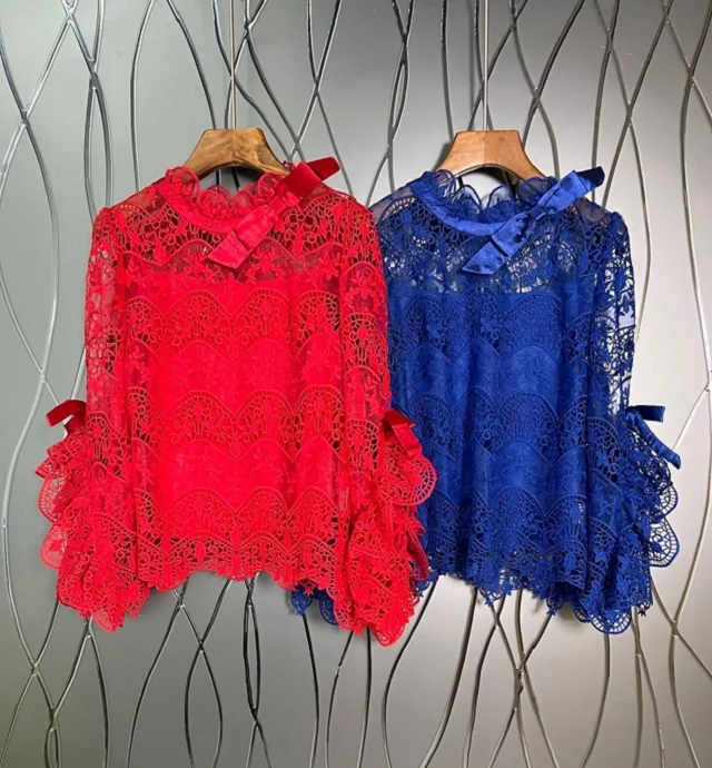 Tops Fashion Designer Blouses 2023 Spring Summer Blouse Women Allover Crochet Lace Embroidery Bow Deco Flare Sleeve Red Blue Top