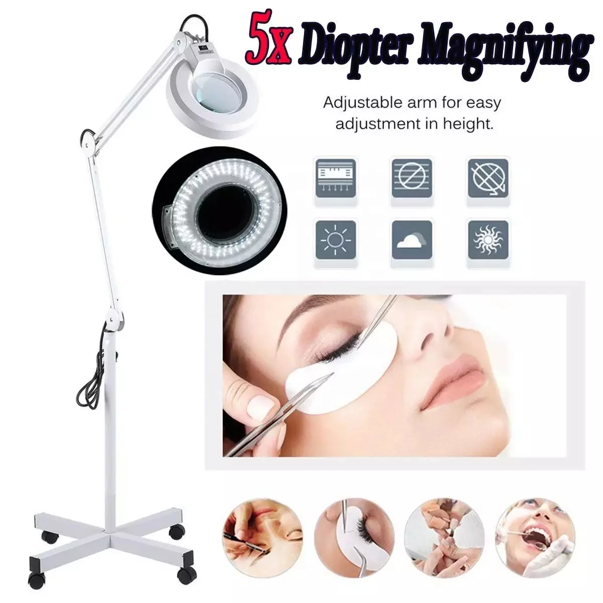 
5x Large Aesthetic Folding Beauty Salon Magnify Craft Cosmetic Floor Stand LED Magnifier Facial Glass Magnifying Lamp With Light 