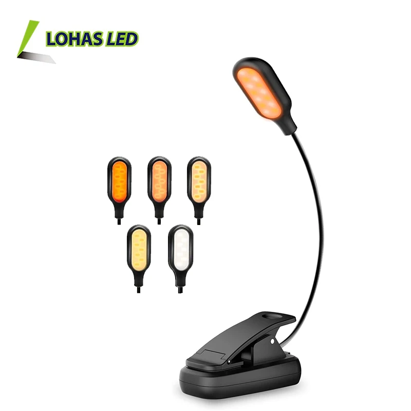 LED Rechargeable Portable Book Reading Light 1800K+2200K+3000K+3300K+5000K CCT Mode and Brightness adjustable Clip-on Lamp
