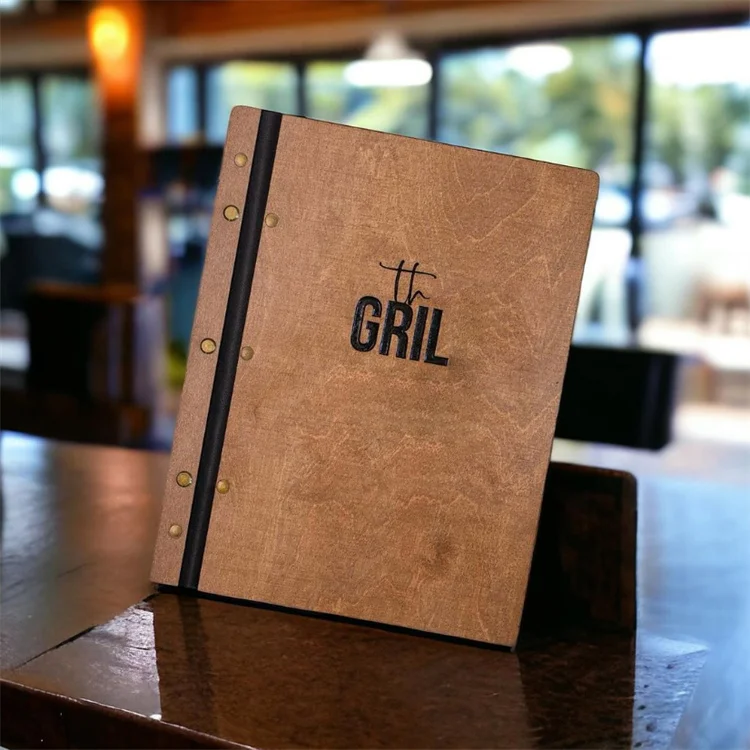 Customized Luxury Leather Strap Bamboo Wooden Cover Notebook Menu File Folder for Restaurant Hotel Wine Bar