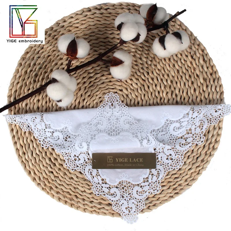 White 100% Cotton luxury Lace Handkerchiefs suitable for embroidery or printing Women Ladies Wedding Holiday Gifts