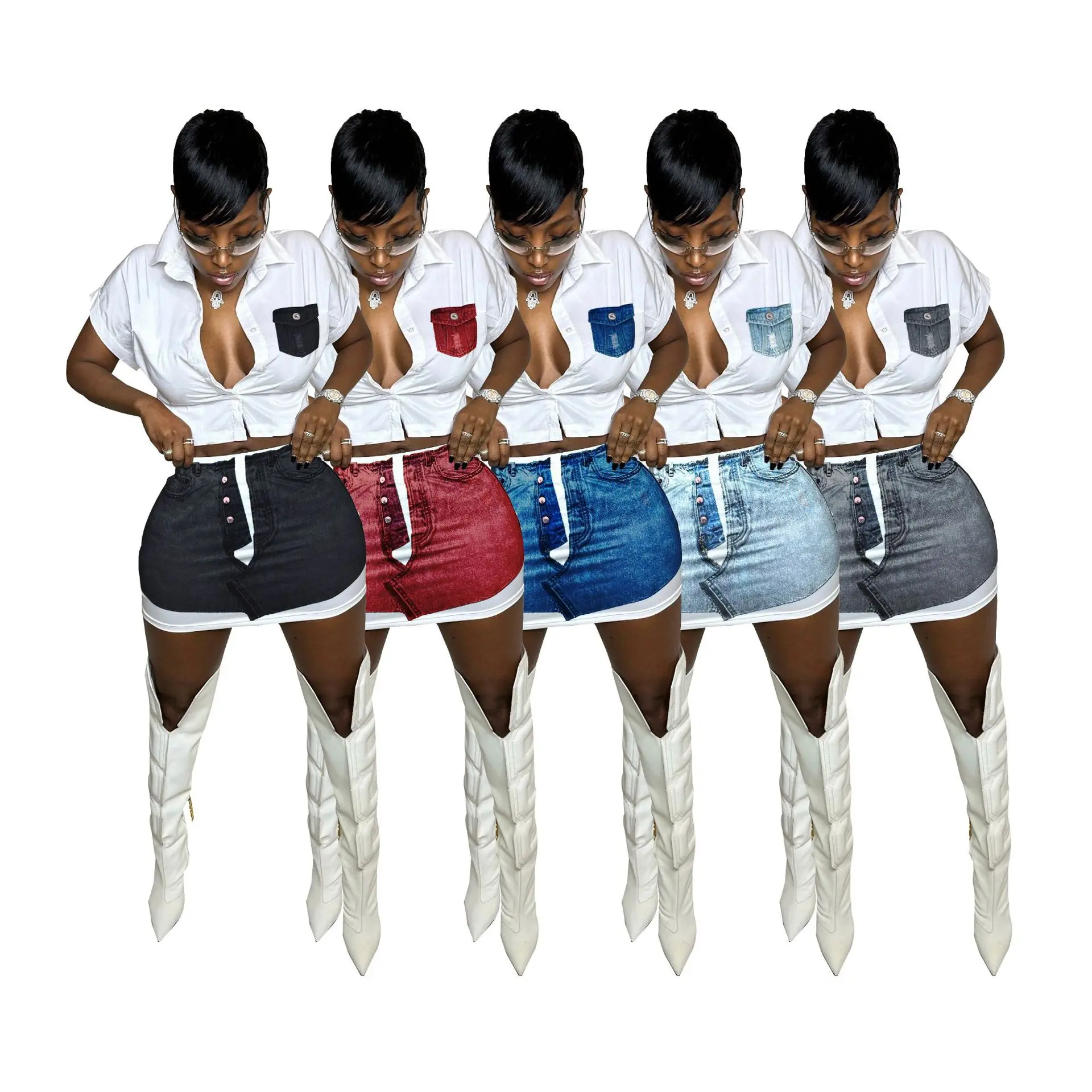 Ladies Fashion Printed Shirt Denim Mini Skirt 2-piece Casual Slim Temperament Commuter Suit Female 2023