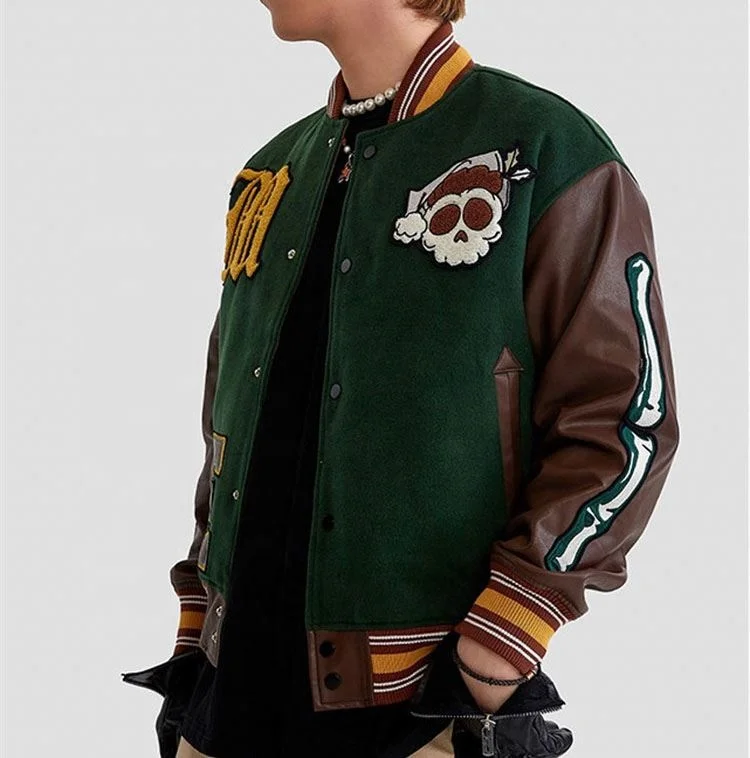 OEM custom vintage western world retro motorcycle skull print baseball bomber jacket for men