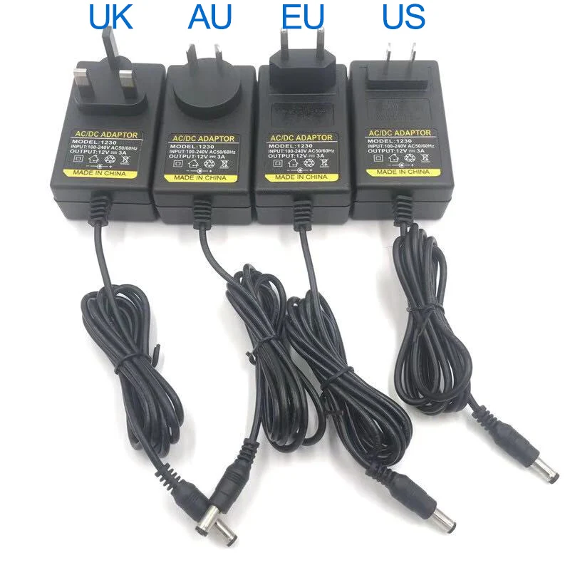 Power adapter DC12V 1A 2A 3A 12W 24W 36W  for led strip US EU AU UK Plug to match SMD flexible rope light Transformer