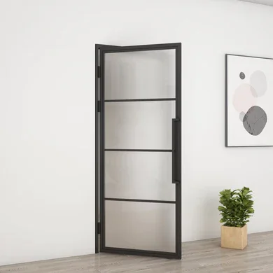 Modern Design Powder Coating Matt Black Single Steel Glass Door with Transparent Tempered Glass