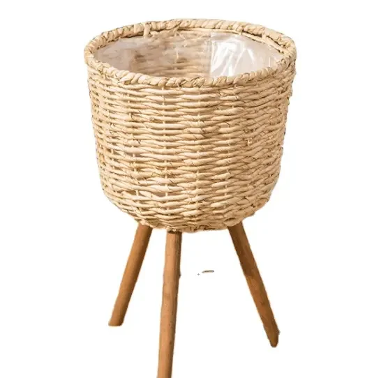 wicker plastic High Quality Wholesale Handwoven Corn Bran Plant  Stand Baskets & Flower Plant Pot With Wood Stand & Plastic Line