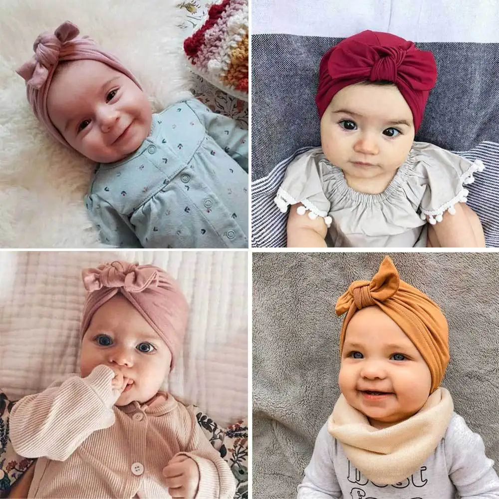 Cute Bows Baby Girls Hat Solid Cotton Hat Beanie Turban Infant Toddler Kids Hat Bonnet Newborn Photography Props
