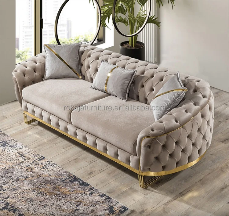 American Style Luxury 1+2+3 Seater Sofa Set Chesterfield Velvet Sofa Gold Stainless Steel Leg Living Room Corner Button Sofas