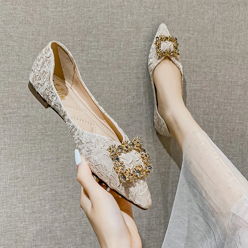 PDEP 2022 soft comfy pointy toe flat shoes for ladies luxury square rhinestone  crystal buckle slip on ladies shoes
