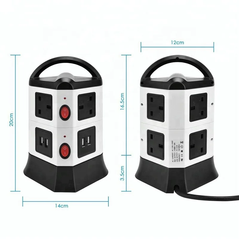UK Tower Power Strip 6 Gang 4 USB Ports Vertical Socket Outlets Surge Protector With Overload Protection Individual Switch