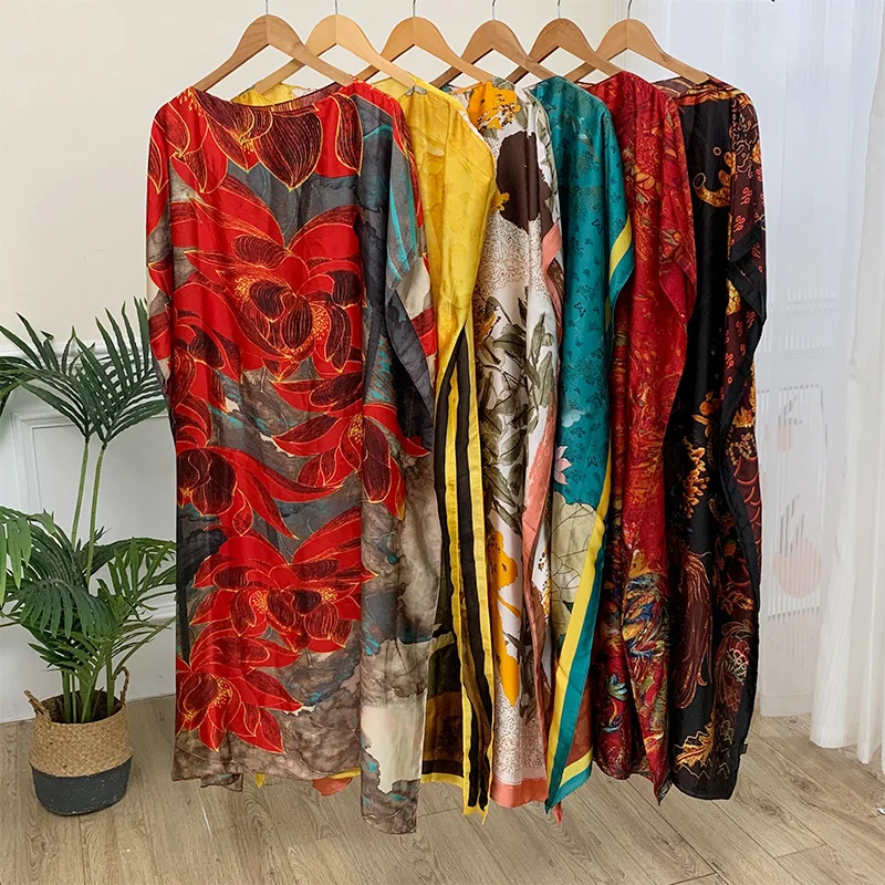 Hot selling High-quality African Big Size Loose Silk Printed Kaftans Luxury Branded Silk african women clothing