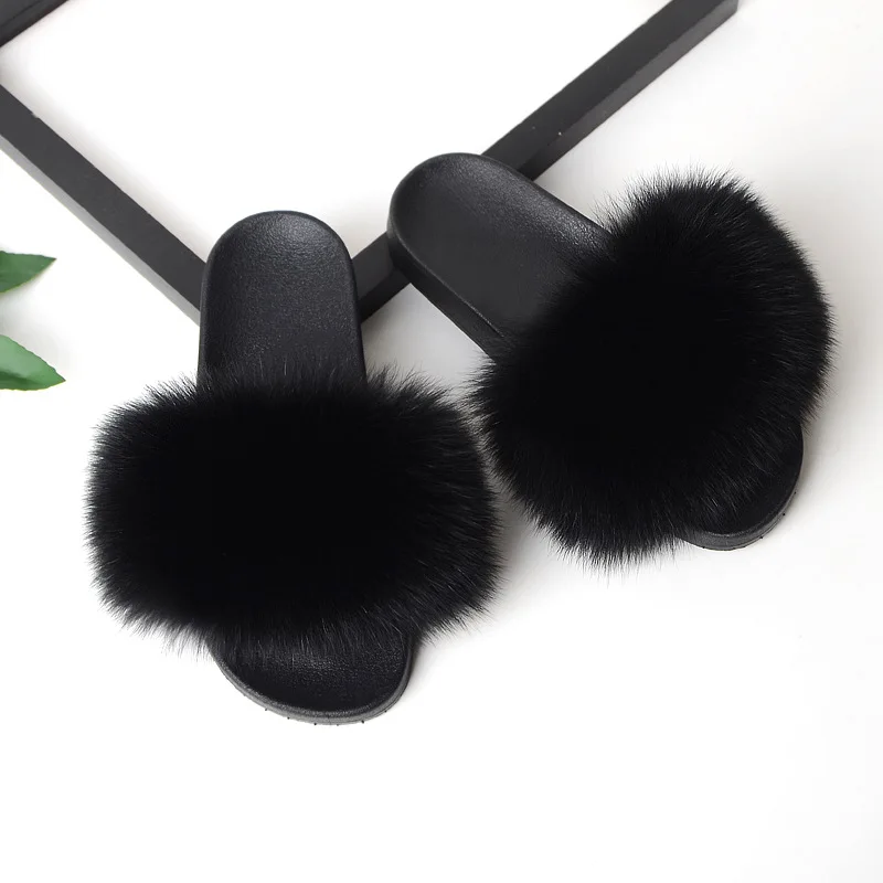 
Fake fur faux fox ball lady flip flops sandal slides slippers for women furry 