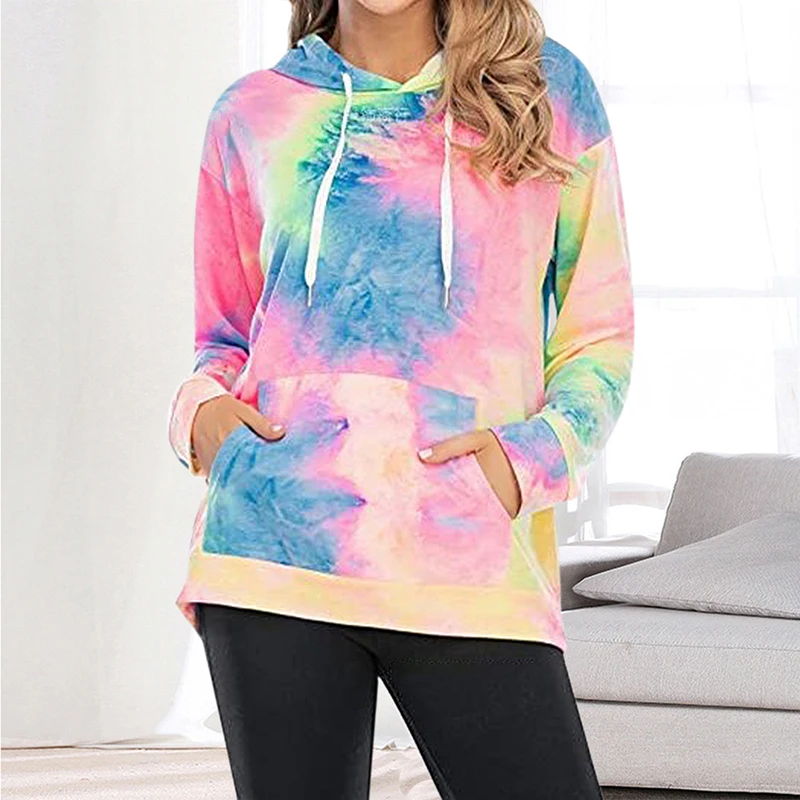 
Women Fashion Printed Tie-Dye Pocket Hooded Loose Sweatshirt women printed long sleeve sweater 2021 hot sell 