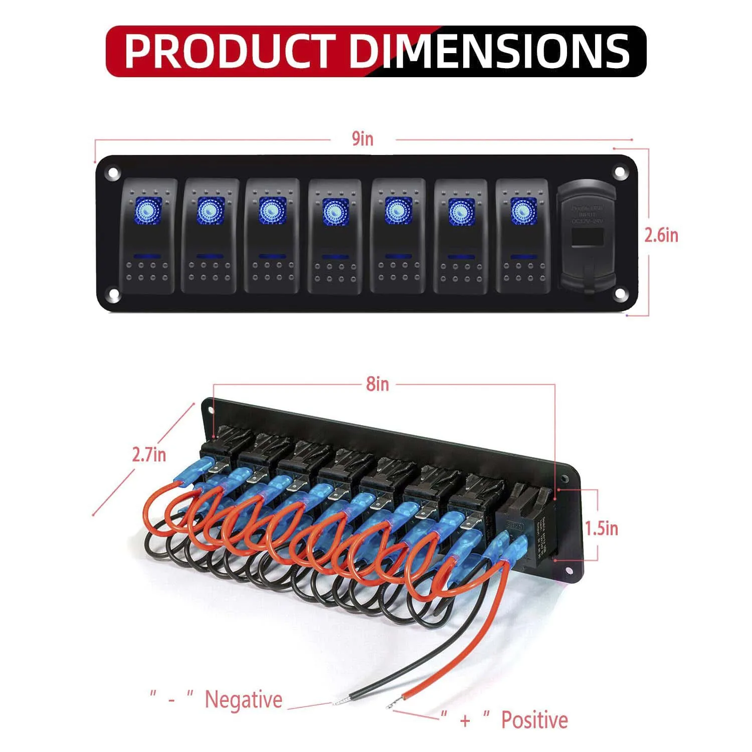 7 Gang Aluminum 5 Pin ON/OFF Toggle Rocker Switch Panel Switch 12V-24V Blue LED Dual USB Charger Voltmeter for Boat RV Trucks