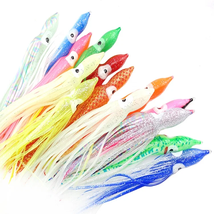 Fast delivery new hot sale 100 pieces 3D Fish-eye silicone squid skirt multiple sizes octopus soft lures mixed colors