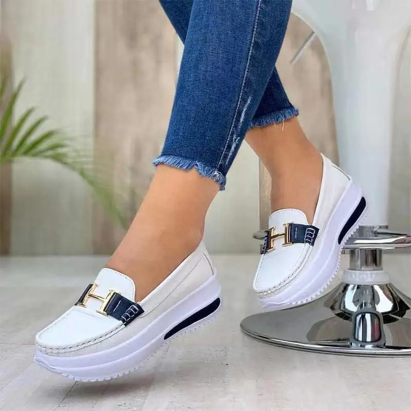 Ladies Loafers Nurse Work Slip-on Wedge Sandal Outdoor Chunky Thick-soled Round Toe Boat Solid Color Single Women Platform Shoes