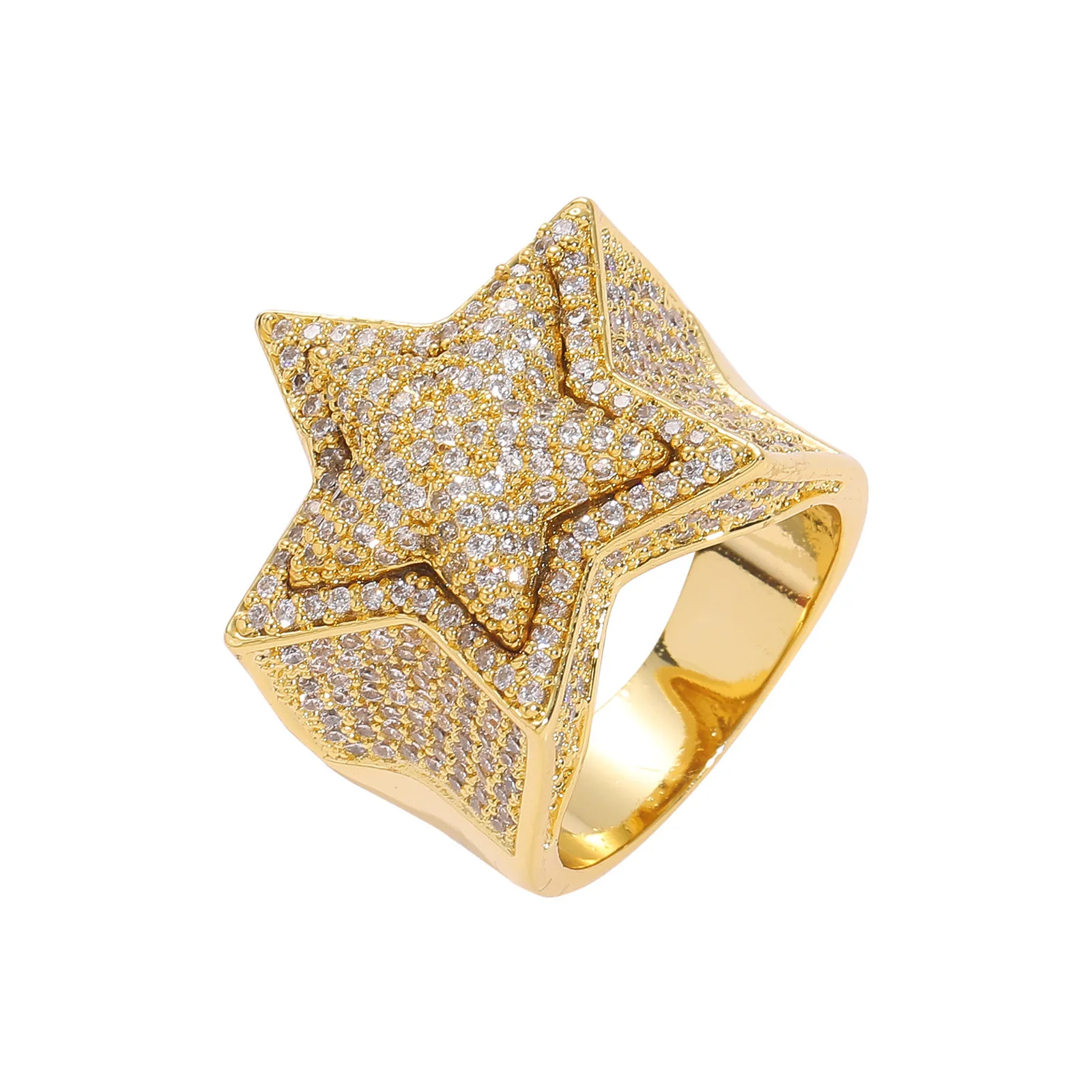 Hip Hop Fashion Luxury Jewelry High Quality Full Pave AAAAA CZ Stone Five Pointed 3D Star Punky Rappers Rings For Men