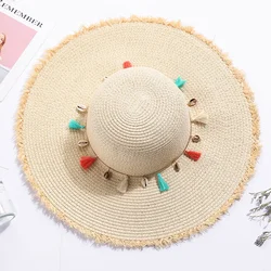 2022 New Fashion Wholesale Beauty Lady Bohemia  Sun Straw Hat Large Brim Shell  Beach String Straw Hat