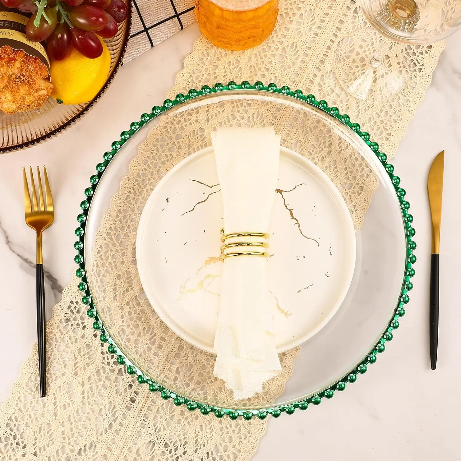 Clear Charger Plates 13 Inch Plastic Round Dinner Plates with Beaded Rim Dinner Table Decorative Plates (Dark Green)