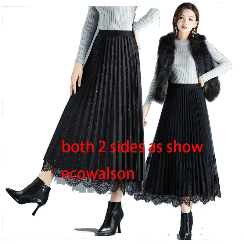 ecowalson Reversible Women Tulle  Korean Mesh A Line Ladies Pleated Skirt High Waist Black Evening Party  Lace Ruffled Skirt