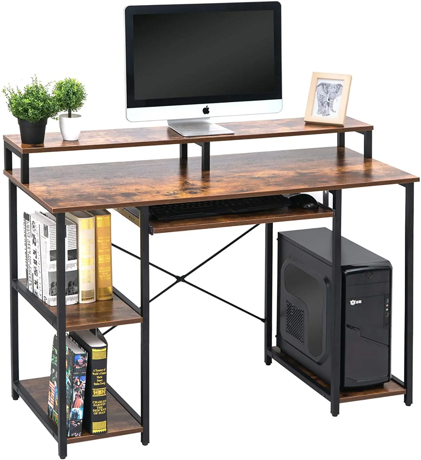 
Wooden Vintage Study Table Computer Desk with Storage Shelves Keyboard Tray Monitor Stand for Home Office 
