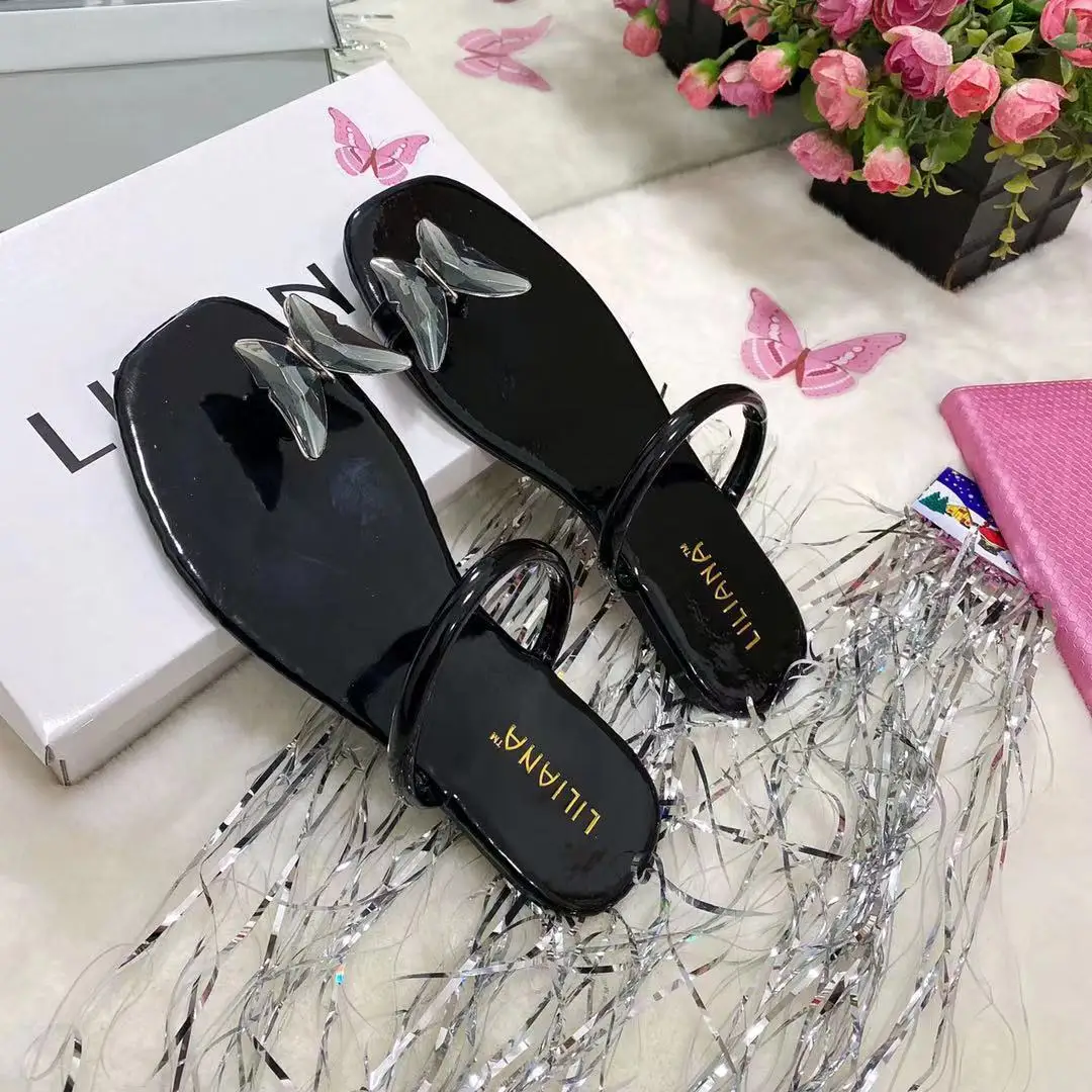 
2021 new design women rhinestones flat summer butterfly sandals diamond women flat sandals black 