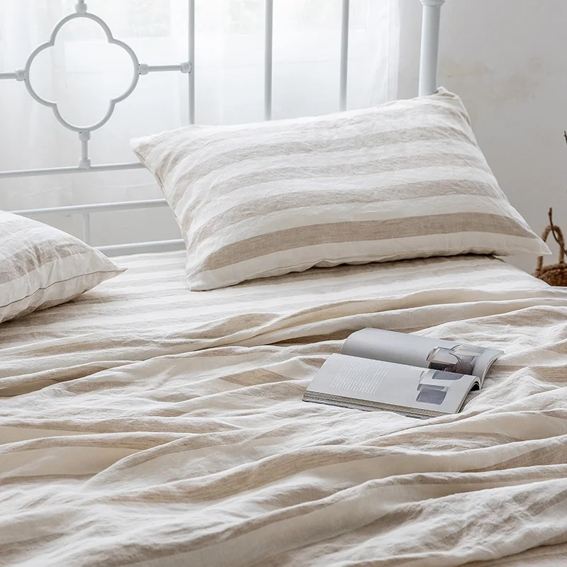 stripe hotel bedding set stone washed king size  belgium pure  french 100% linen flux sheet sets