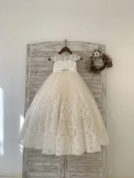 Ivory Lace Champagne Tulle Wedding Flower Girl Dress Kid Birthday Party Dress Couture Ball Gown Dress