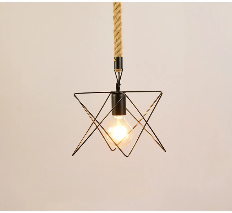Hemp rope hanging lamp industry retro metal hanging farm ceiling lamp geometric cage modern retro bird cage ceiling lamp