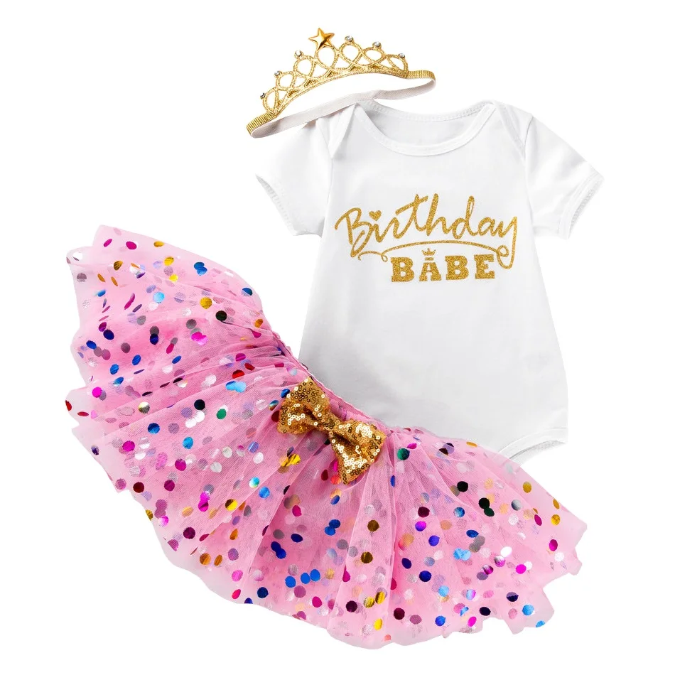 Summer Newborn Baby Clothes Birthday Gift Infant Girls Printed Romper Sequined Tutu Skirt Crown Headband 3 Pcs Girl Clothing Set