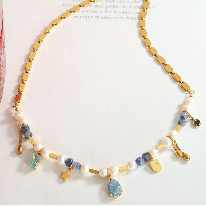 Geometric Water Drop Pendant Natural Stone Freshwater Pearl Beaded Stitching Brass Chain Gold Plated Stainless Steel Necklace