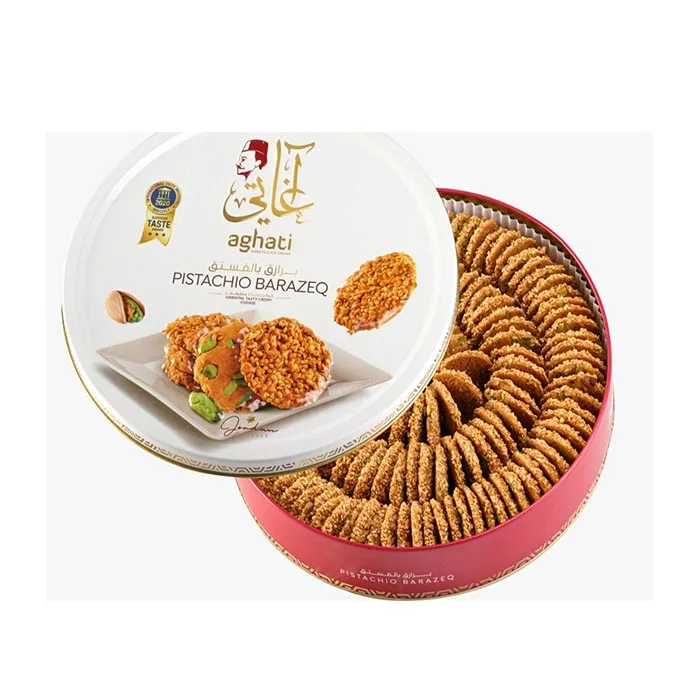 Hot Selling Best Taste Barazeik Cookies Topped with Sesame seeds and staffed with Premium Pistachios  in Round Tin Box 500g