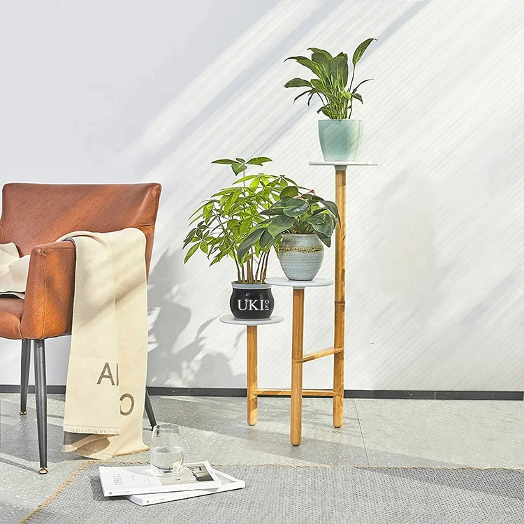 Ukiok 3 level Adjustable Bamboo Green Plant Stands Modern Wooden Flower Stand Indoor Outdoor