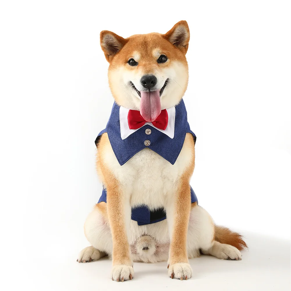 Wholesale Four-Color Linen Dog Suit Waistcoat Dress New Cross-Border Pet Tuxedo with Saliva Towel Two-Piece Clothing