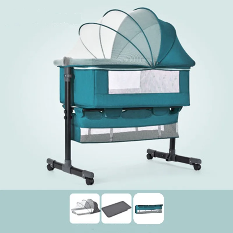 Складная детская люлька с матрасом, сетчатые окна, корзина для хранения и колеса, регулируемая кроватка для сна